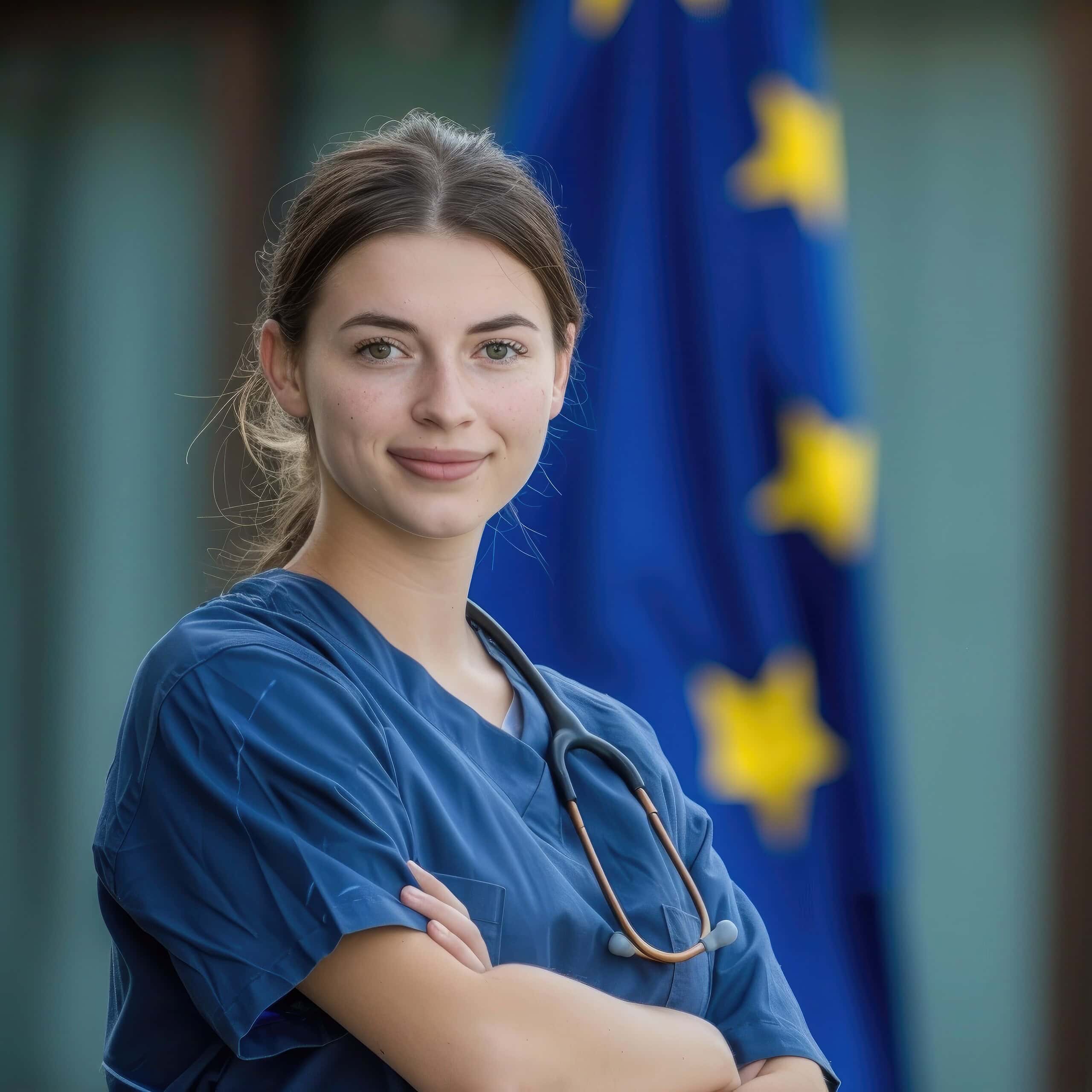 Punonjës mjekësor ukrainas i veshur profesionalisht me flamurin e BE-së, që simbolizon bashkëpunimin ndërkombëtar në kujdesin shëndetësor.