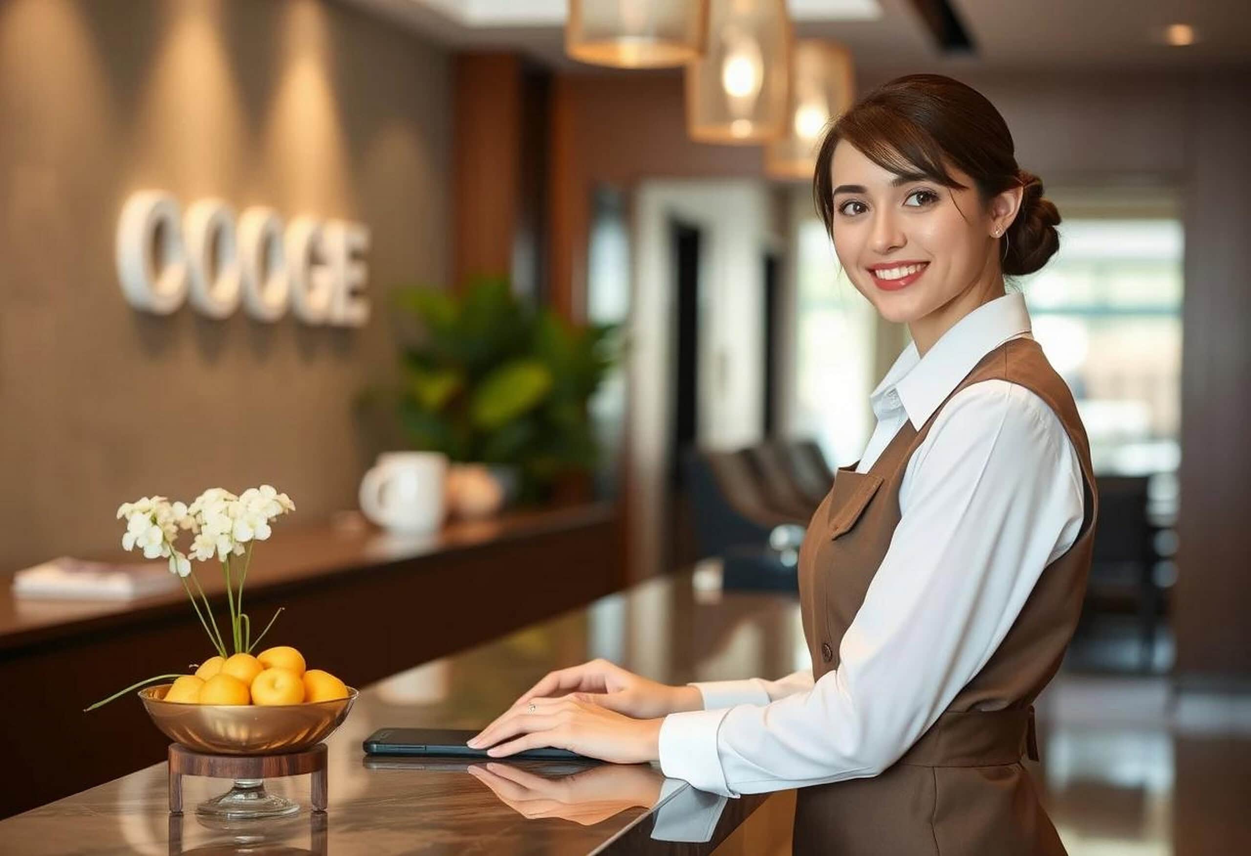 Recepsioniste me stil në recepsionin e hotelit, e buzëqeshur, shërbim profesional, mikpritje, mbështetje ndaj klientit.