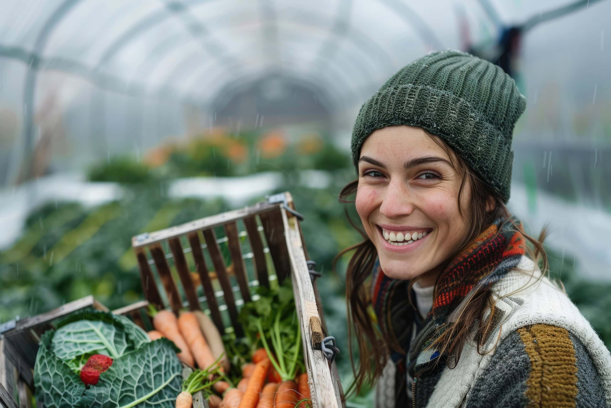 Smiling woman harvesting fresh organic vegetables in greenhouse for healthy eating.