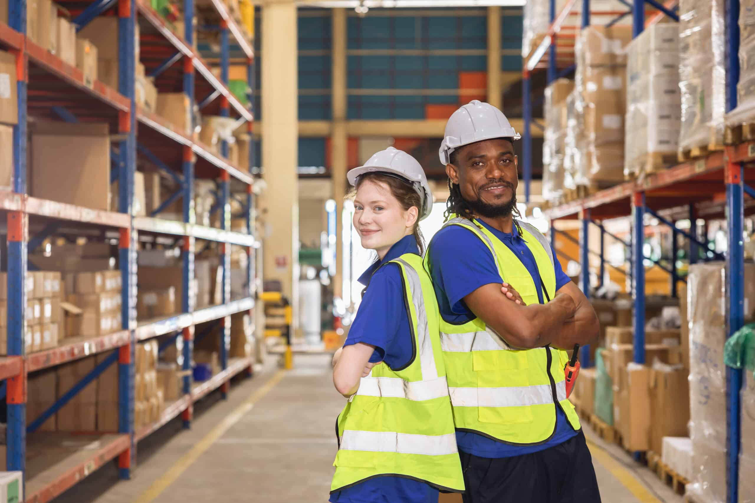 Diverse warehouse workers in safety gear in a storage facility.